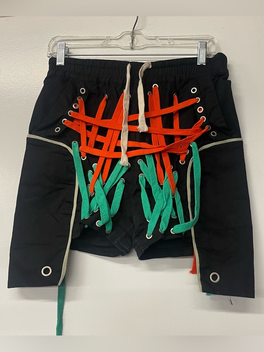 Black Lace Up Grommet Pants Shorts L Orange Green Avant Garde